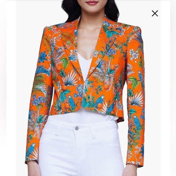NWT L AGENCE Inez Floral Print Crop BlazerIn Orange Multi Parrot Size 6